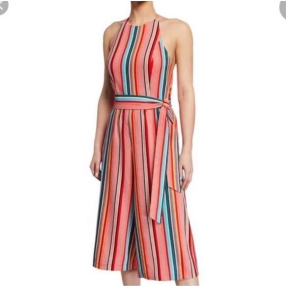Alice + Olivia Lucie Cropped Wide leg Halter neck‎ Striped Jumpsuit Romper sz 8